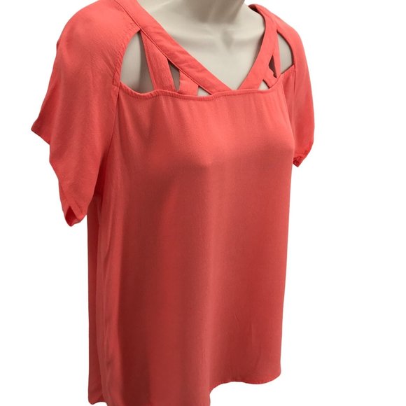 Buttons Womens Cut Out Crepe Coral Short Sleeve Pull Over Blouse Top Size S - Picture 2 of 7